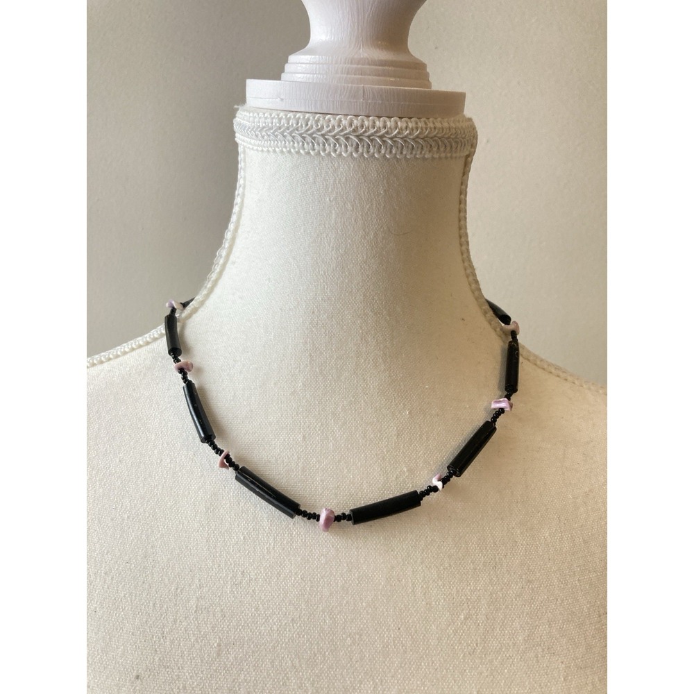 Vintage Black Beaded Choker Necklace Pink Shell Chip Accent Dark Romantic